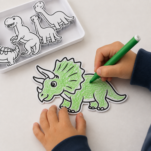 Niño pintando dinosaurio verde